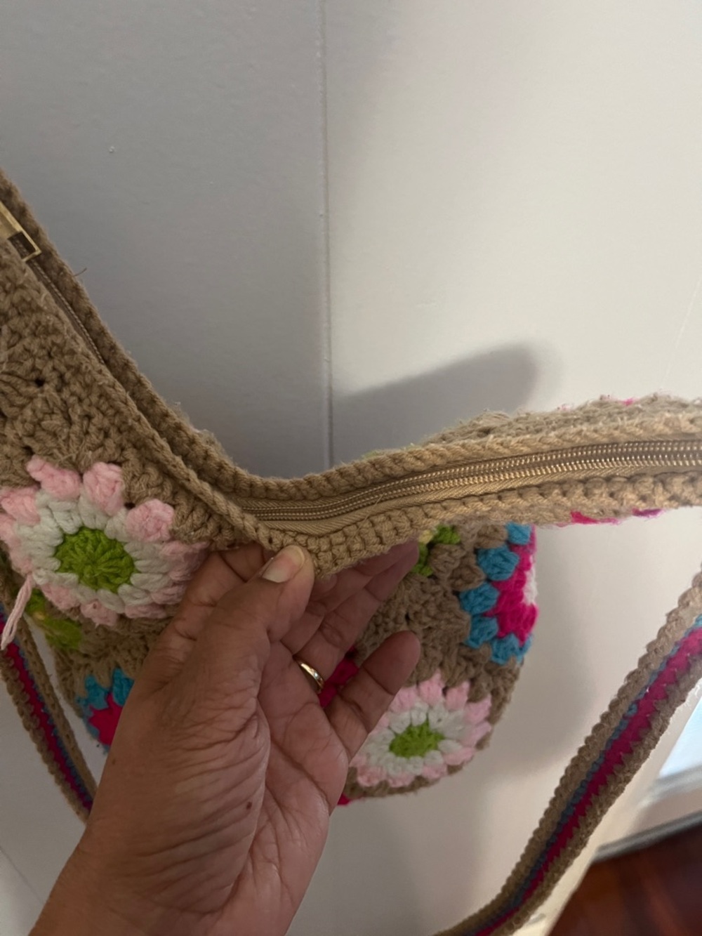 Handcrafted Multicolor Crochet Shoulder Bag - Brown and Floral Accents - Picture 5 of 6